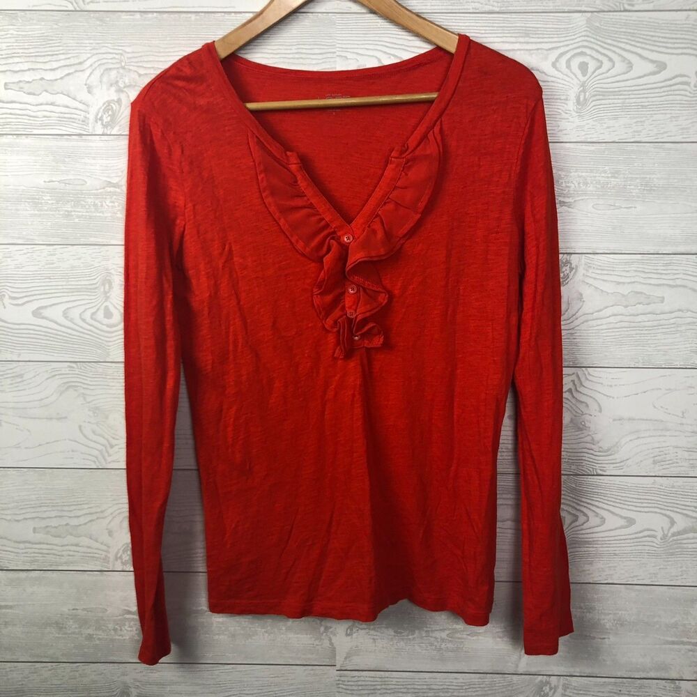 Ann Taylor LOFT Women's Small Long Sleeve Shirt Ruffle V Neck 100% Cotton Orange